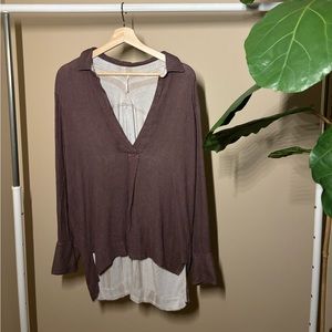 Free People oversized dusty purple / maroon striped long sleeve shirt medium